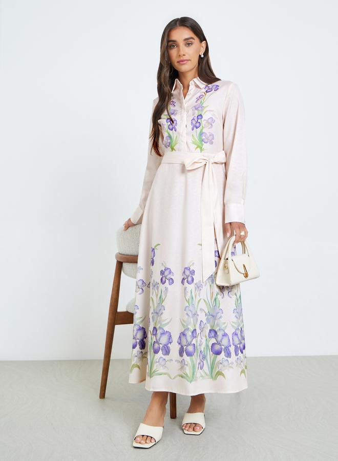 Styli Women Peach Floral Print Long Sleeve A-Line Maxi Dress - Image 5